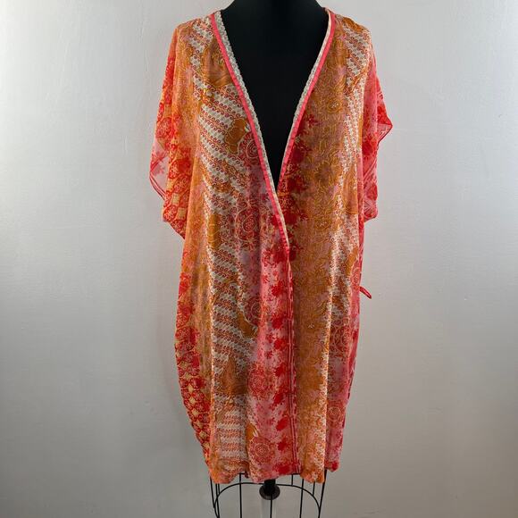 VINTAGE Cinema Etoile Pareo Shawl Orange Floral Floral Printed Open Front 16/18 - Picture 2 of 9